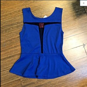 Royal Blue Plunging Black Sheer Mesh Peplum Top M